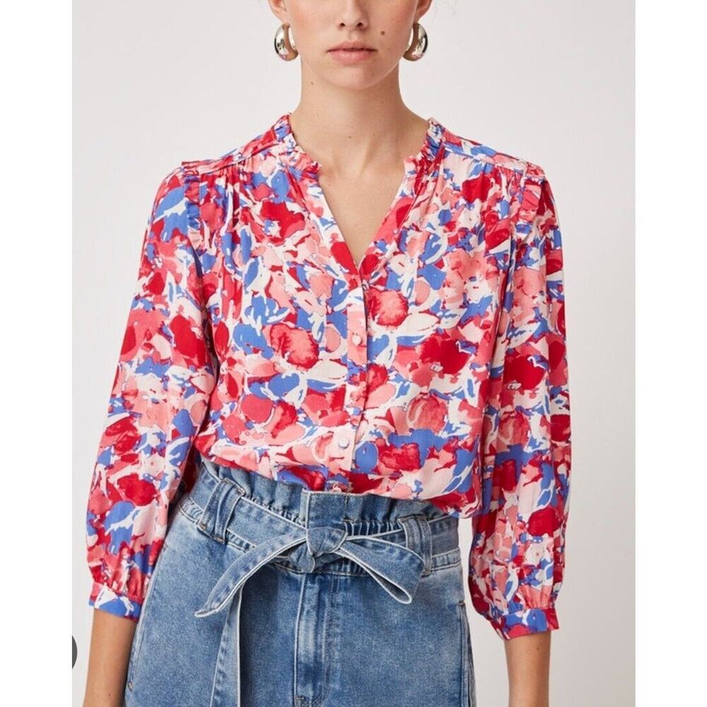 Suncoo Paris Lilou Blouse Pink Red Blue Floral Womens Size T3‎ L Abstract V-Neck